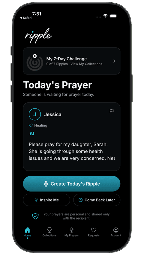 The Ripple app's Today's Prayer home screen